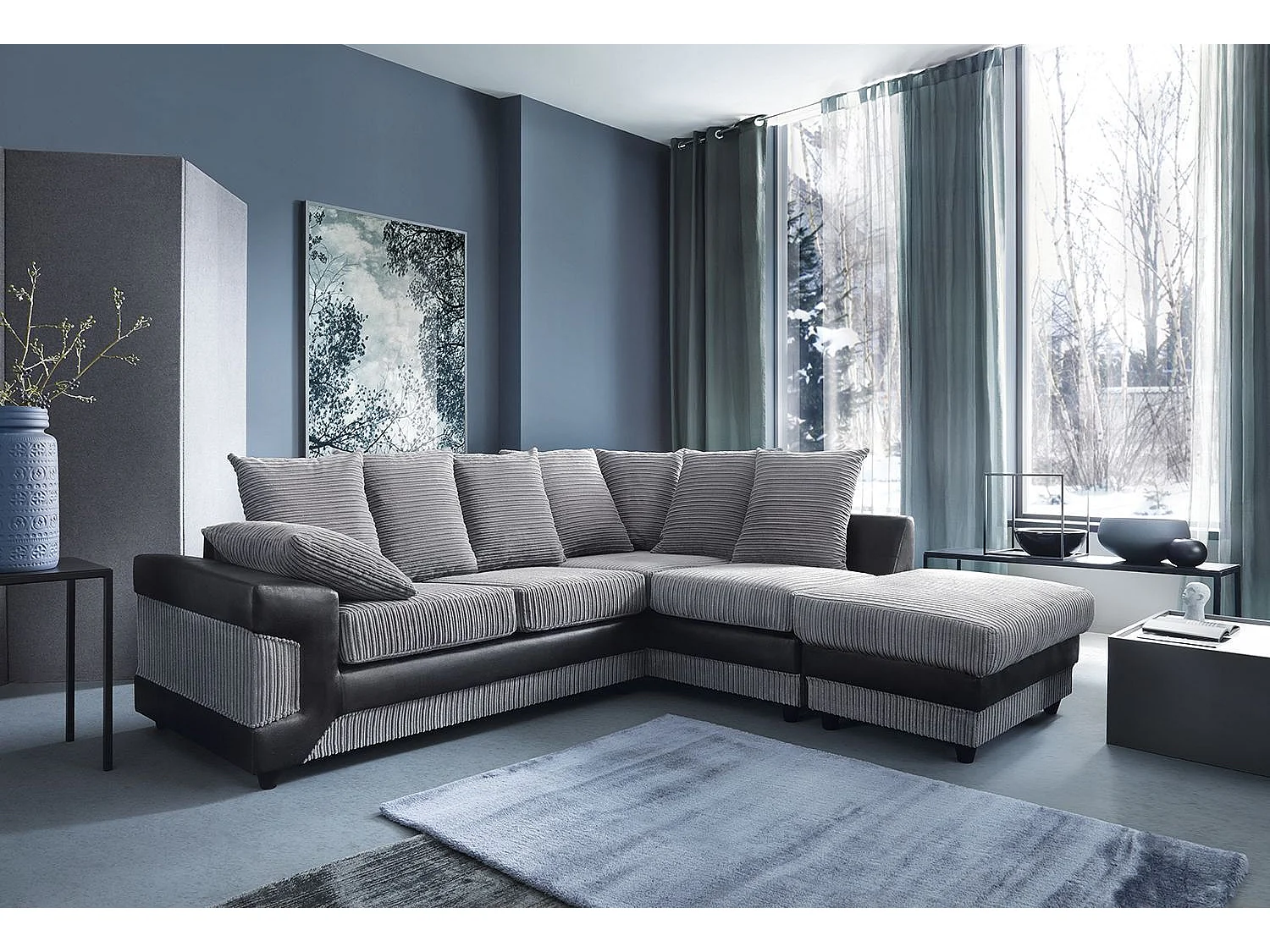 Arlo Jumbo Cord Fabric with Leather-Effect Arms Right Facing L-Shape Corner Sofa with Ottoman in Grey