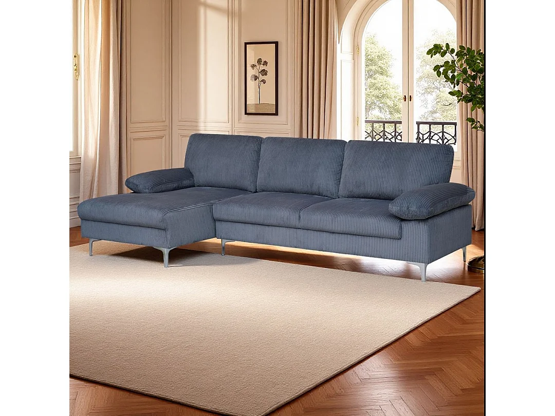 Venosa Jumbo Cord Left Facing Modern Minimalist Sectional L-Shape Corner Sofa in Grey