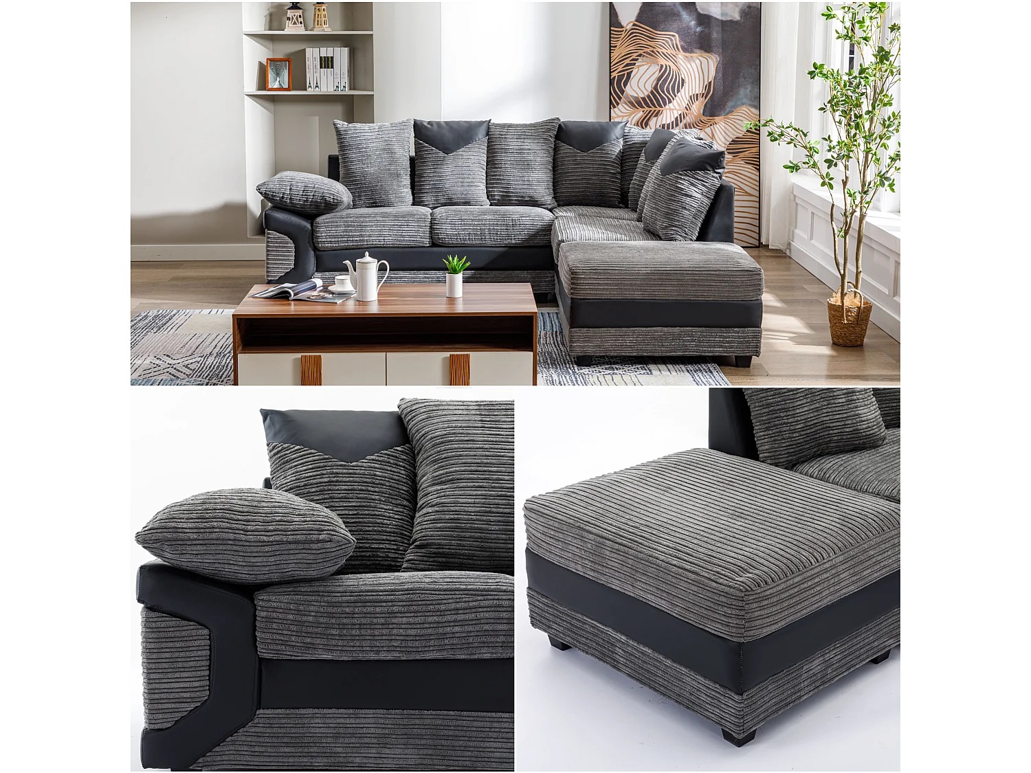 Luca Jumbo Cord with Leather Accents Right Facing Corner Sofa in Grey & Black