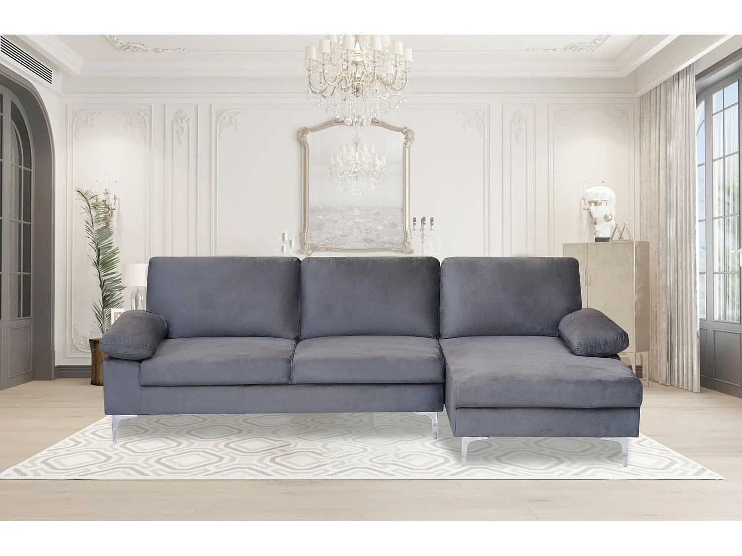 Venosa Velvet Right Facing Modern Minimalist Sectional L-Shape Corner Sofa in Grey