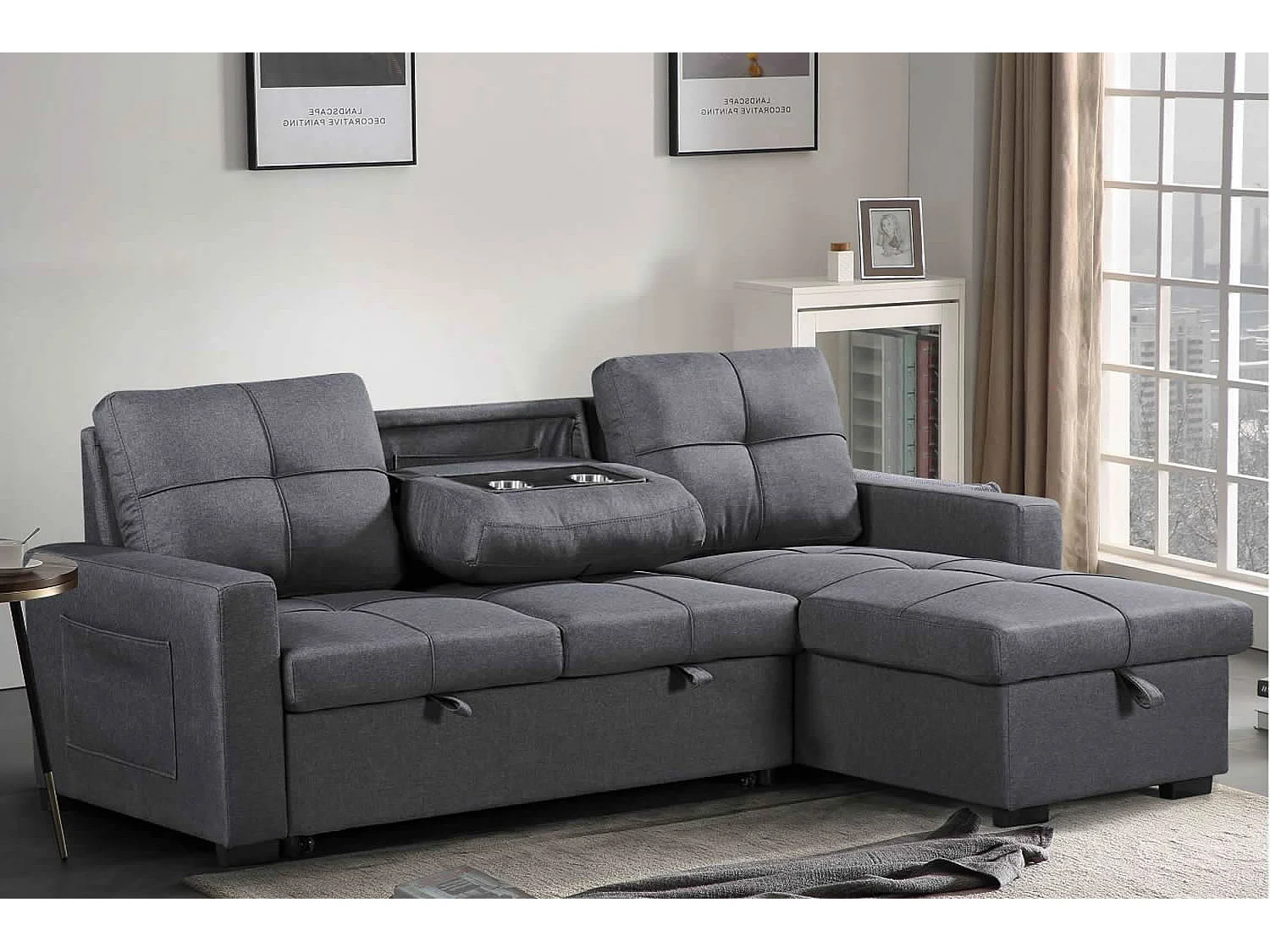 Veda Linen 3-Seater Pull Out Sofabed with Reversible Storage Chaise, L-Shape Corner Sofa in Dark Grey