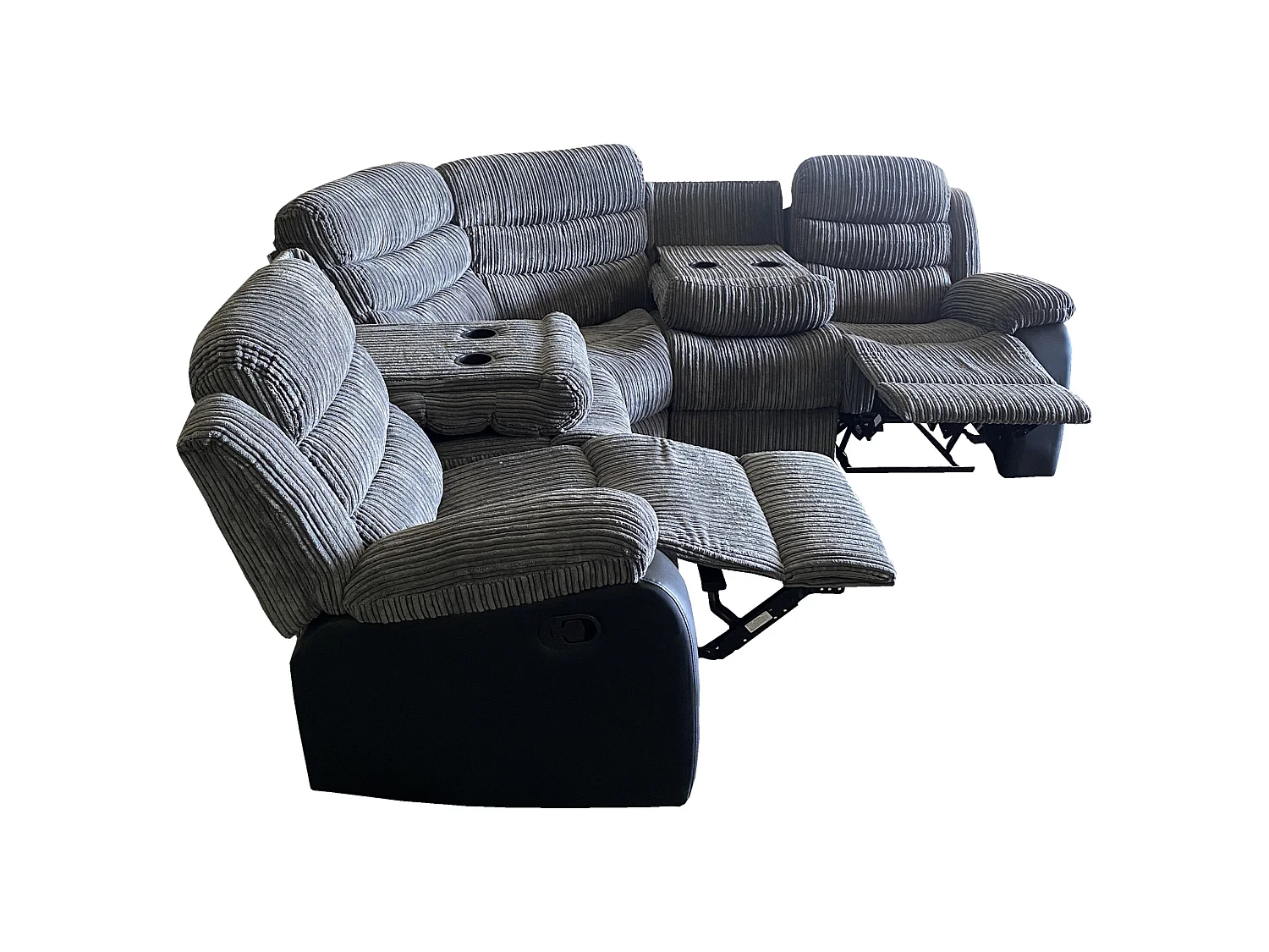 Milano Jumbo Cord with Leather Accents 2C2 Corner Recliner Sofa with Drop-down Cupholders in Grey & Black