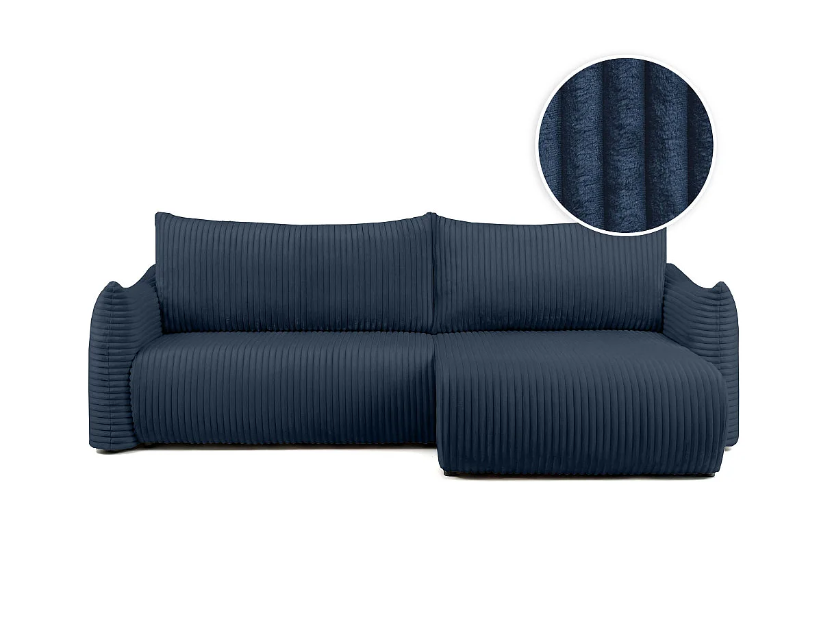Canapé d'angle convertible 4 places réversible en velours côtelé bleu LYSIA