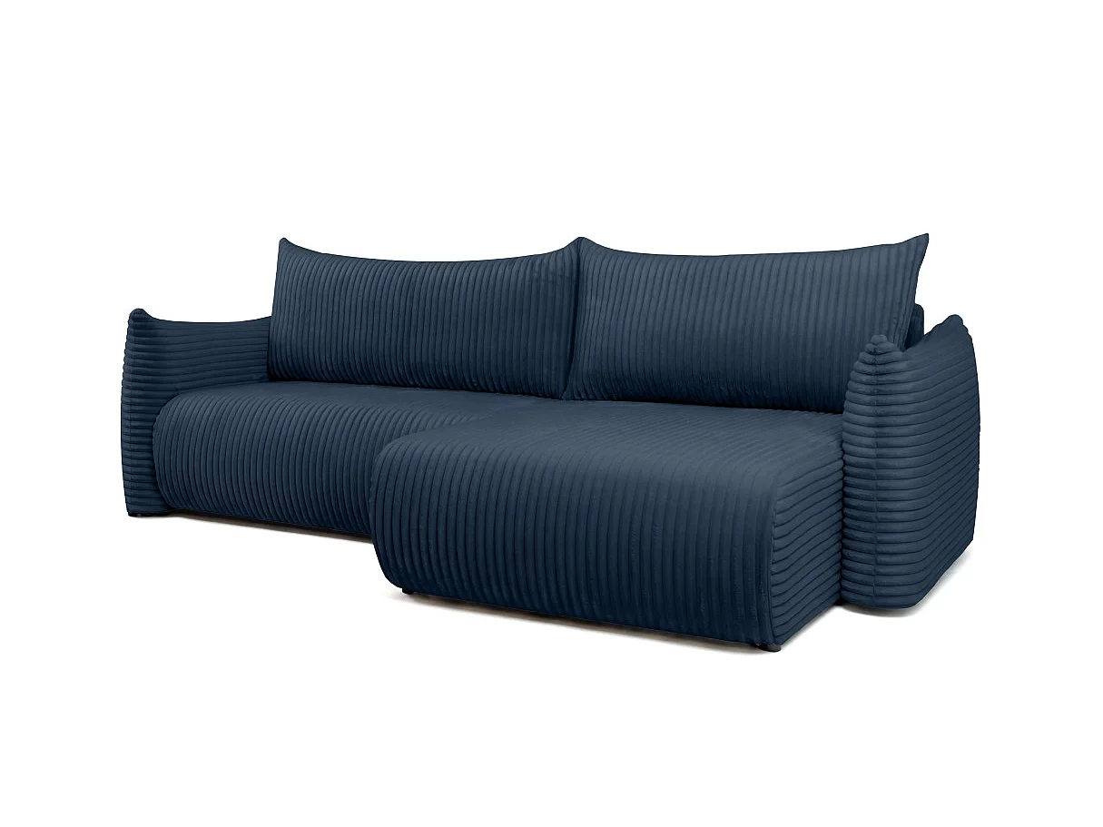 Canapé d'angle convertible 4 places réversible en velours côtelé bleu LYSIA