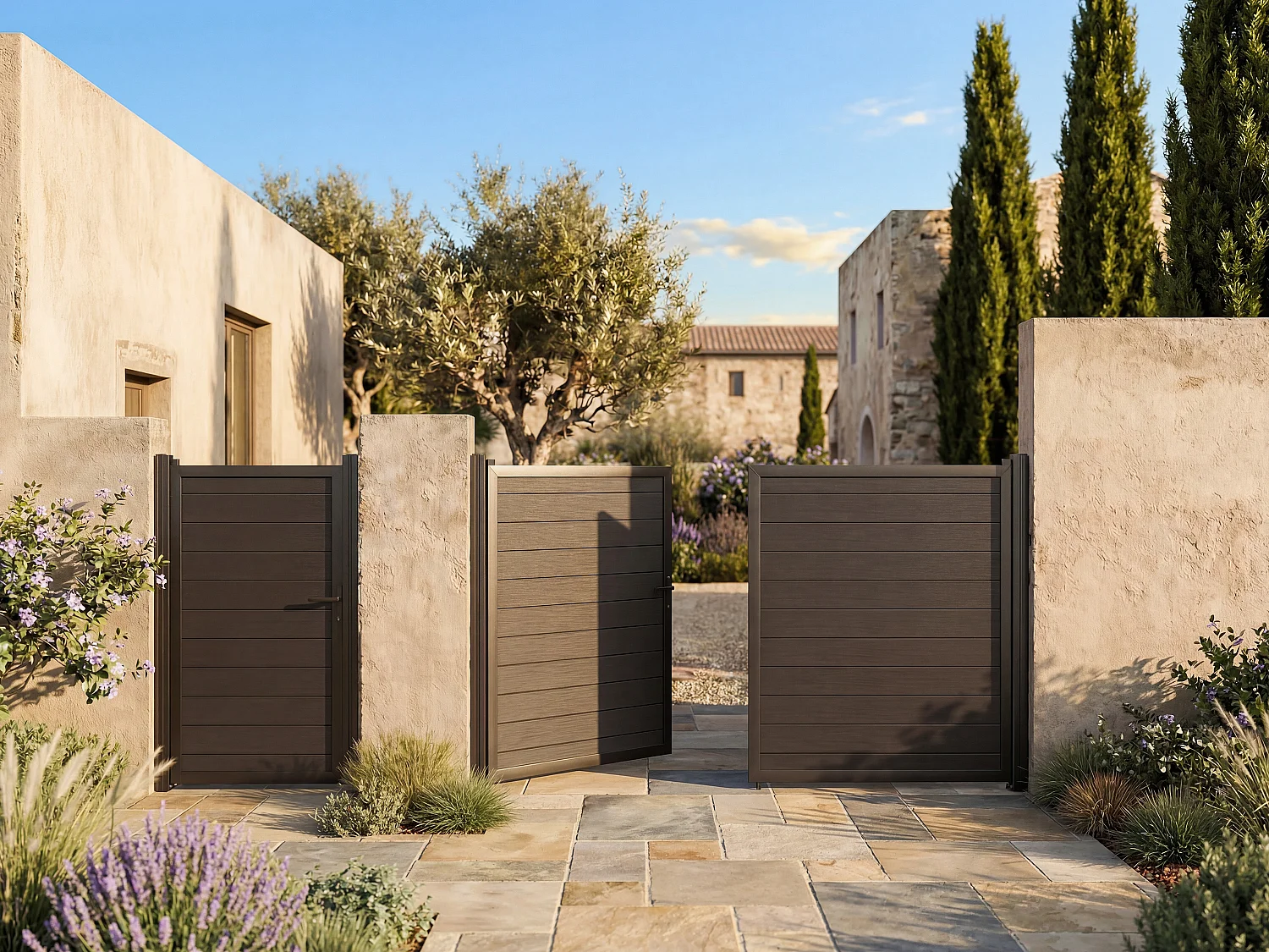 Portillon battant plein en bois composite  - L100 x H183 cm - gris anthracite - SENZIO