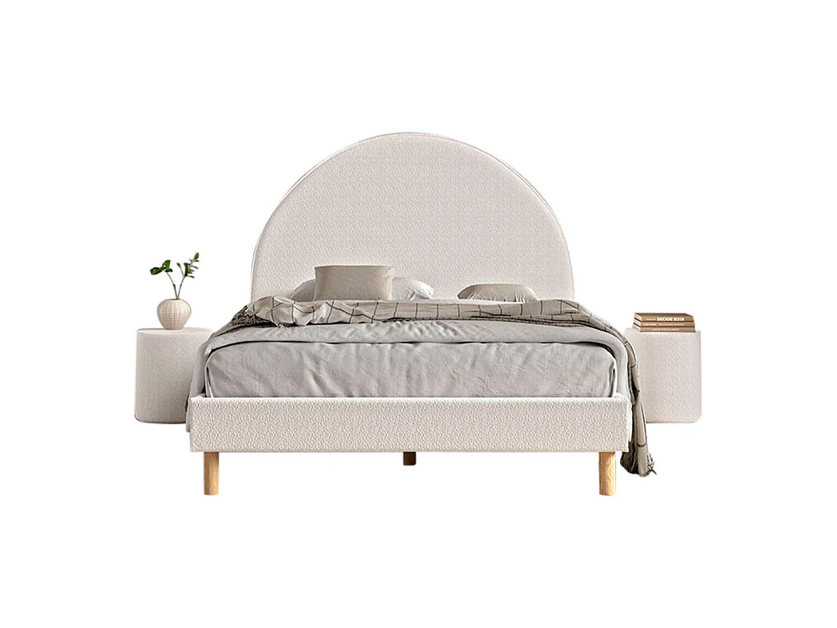 Pack - Lit Adulte & 2 Poufs Bouclés "Moon" 140x200cm Blanc