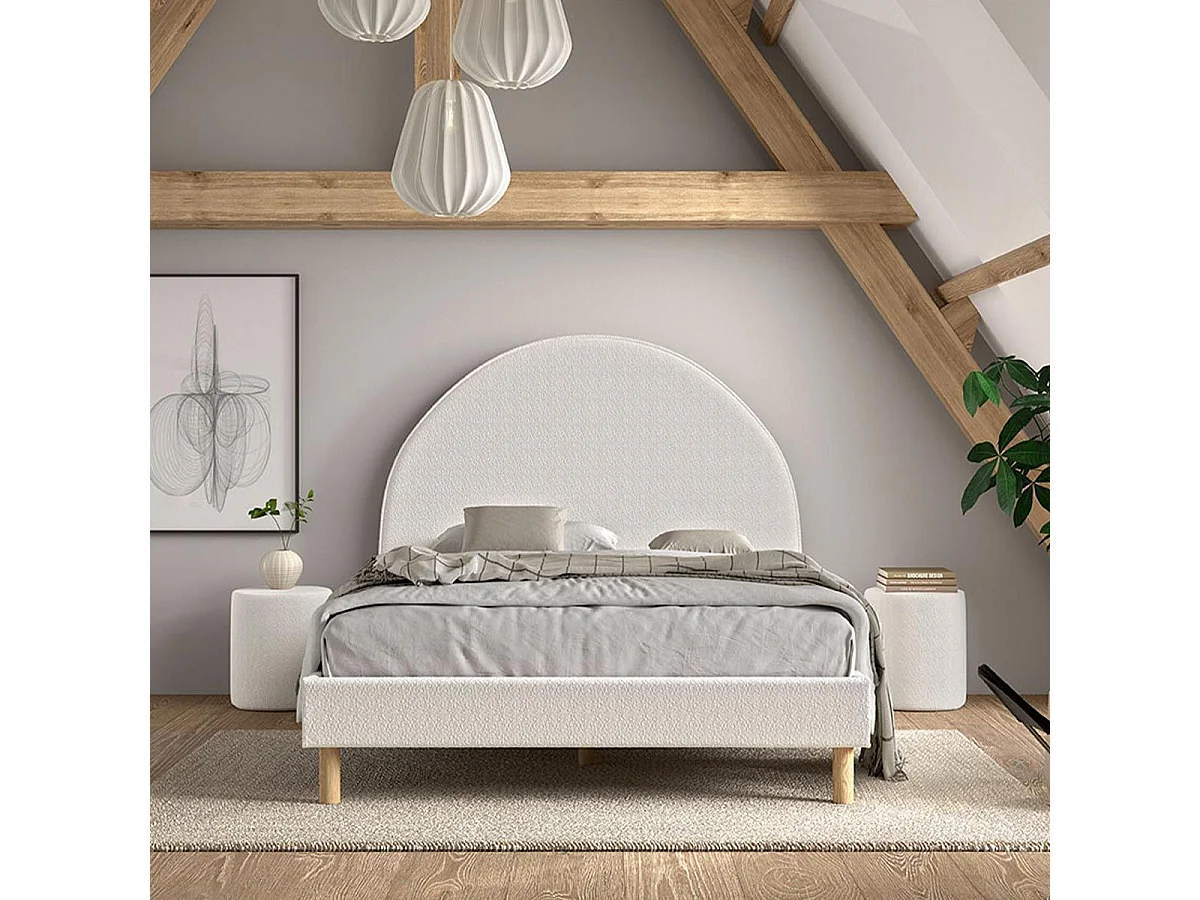 Pack - Lit Adulte & 2 Poufs Bouclés "Moon" 140x200cm Blanc