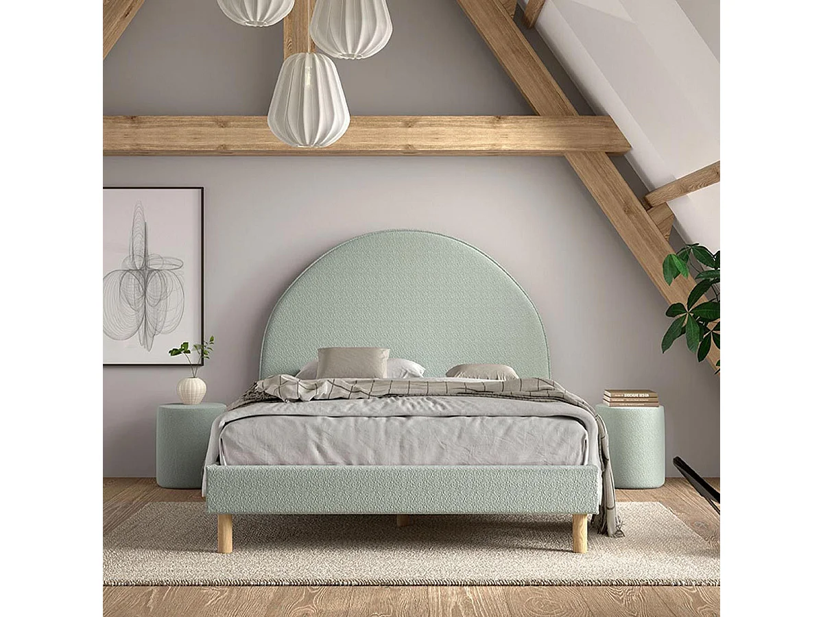 Pack - Lit Adulte & 2 Poufs Bouclés "Moon" 140x200cm Vert