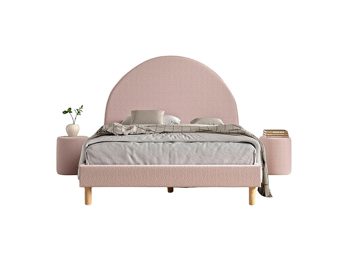 Pack - Lit Adulte & 2 Poufs Bouclés "Moon" 140x200cm Rose