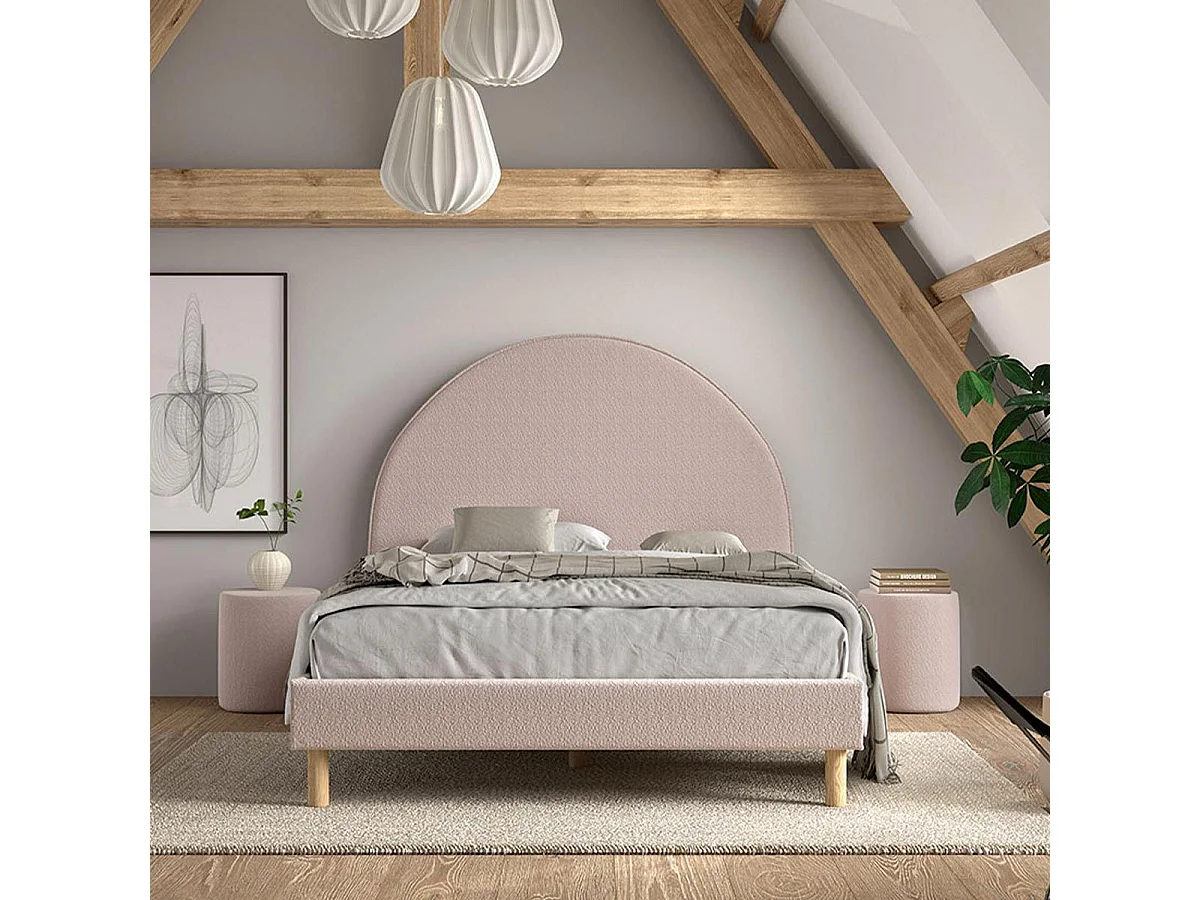 Pack - Lit Adulte & 2 Poufs Bouclés "Moon" 140x200cm Rose