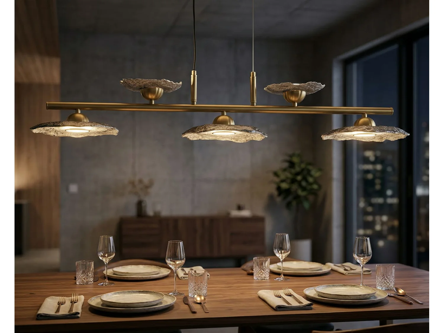 Suspension 5 Lumières "Emily" 100cm Or & Gris