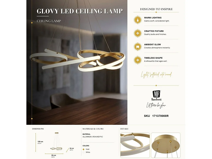 Glovy Gold LED-kroonluchter - Moderne satijngouden hanglamp met 3 kleurtemperaturen - Ø 55x120 cm