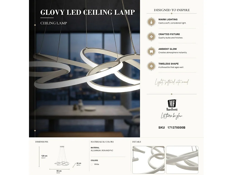 Glovy witte LED-kroonluchter - Moderne dimbare hanglamp met 3 kleurtemperaturen - Ø 55x120 cm