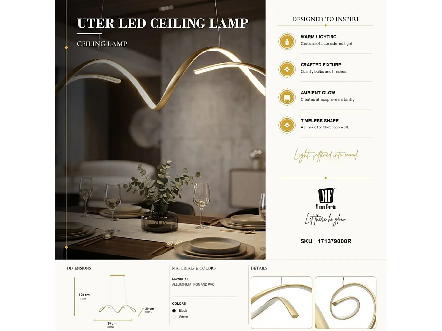 Uter Gold LED-kroonluchter - Moderne, golvende hanglamp met 3 kleurtemperaturen - 80x20x120 cm