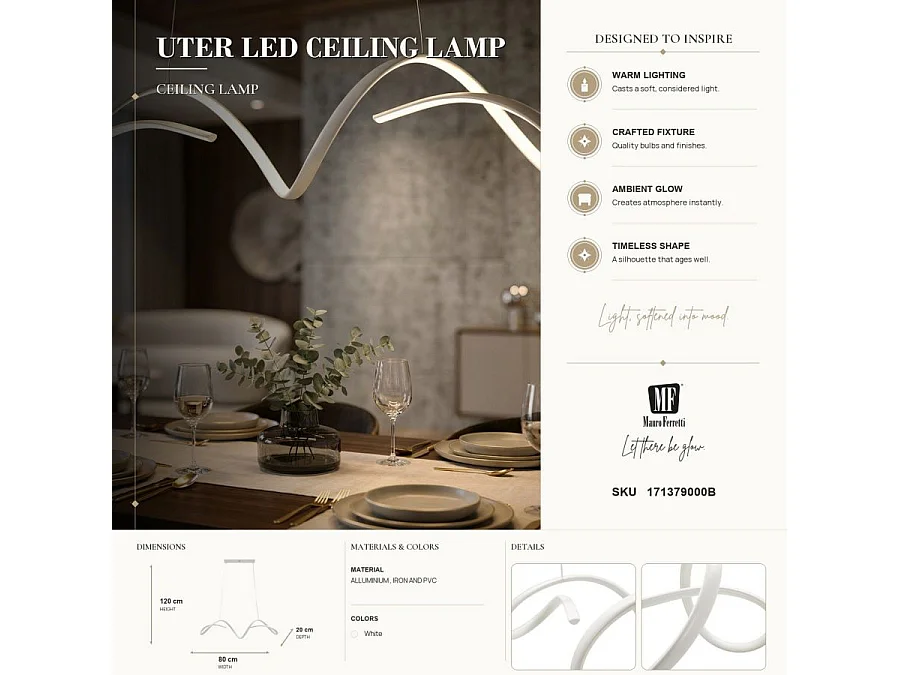 Uter White LED-kroonluchter - Moderne lineaire hanglamp met 3 kleurtemperaturen - 80x20x120 cm
