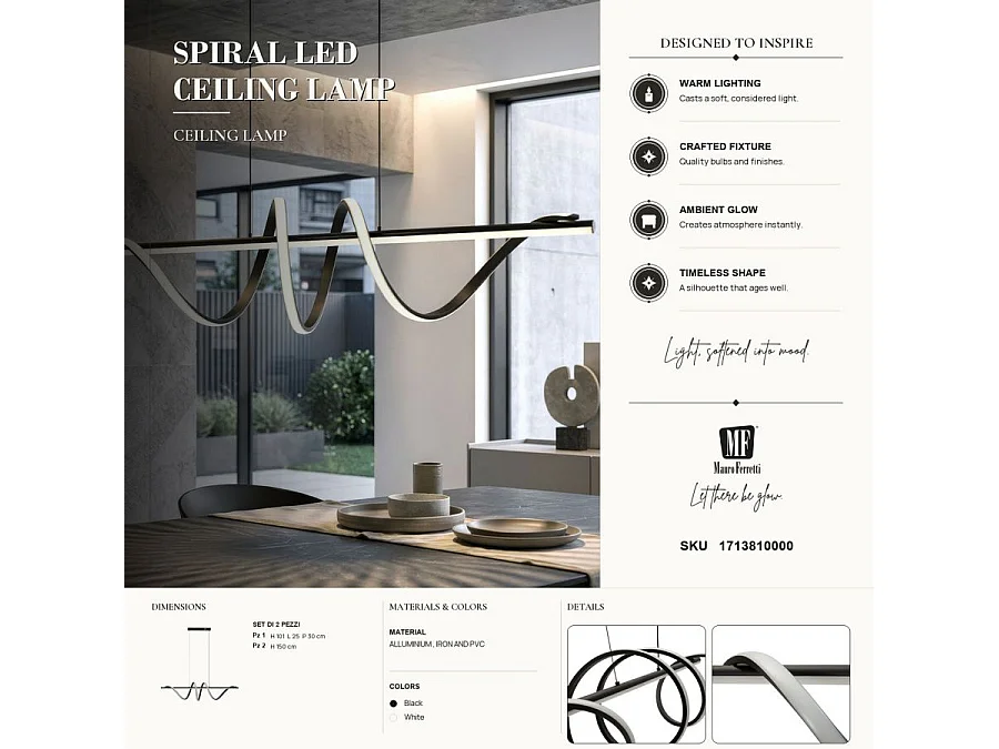Luminária pendente LED espiral ajustável 65W, 3000K/4000K/6000K, alumínio, ferro e PVC preto/branco, dimerizável, 101x25x30 cm