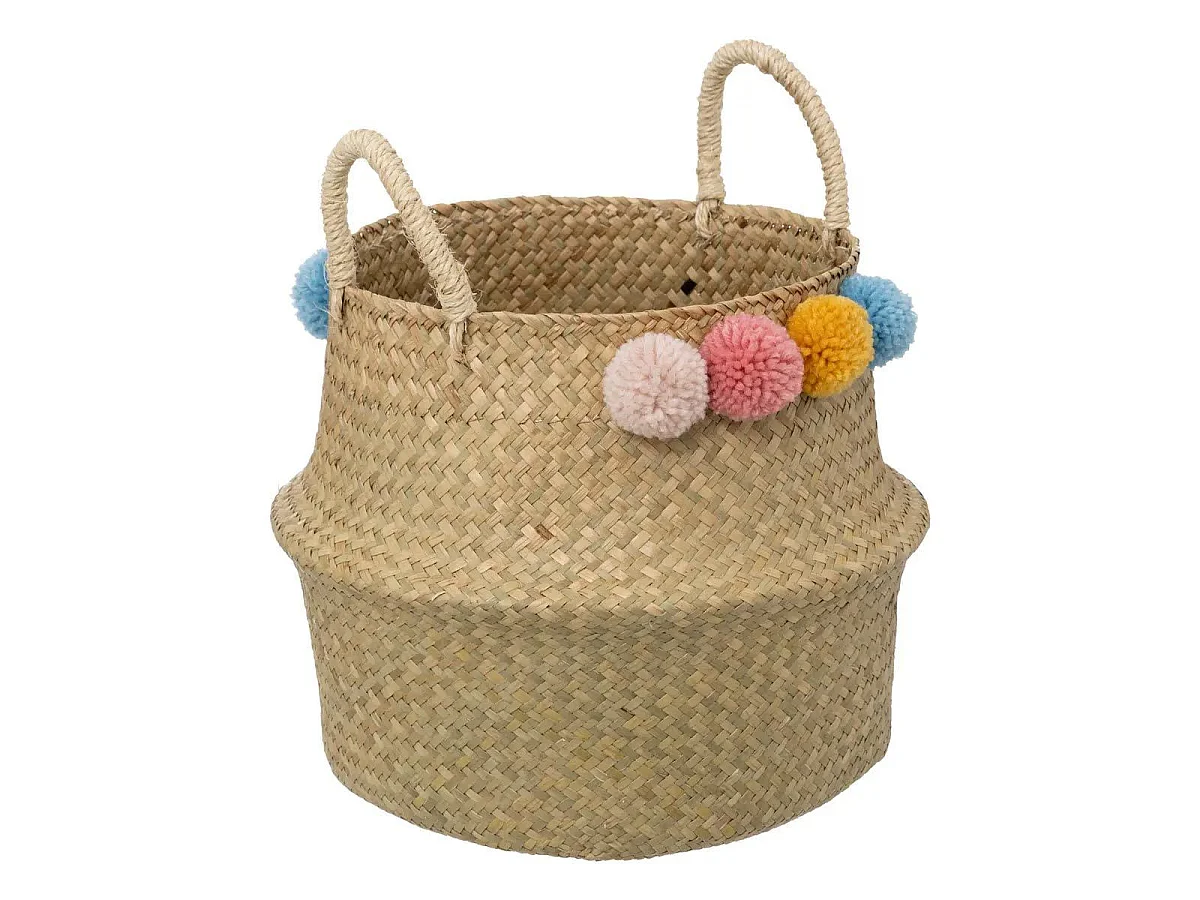 Panier Pliable en Roseau "Pompons" 38cm Naturel