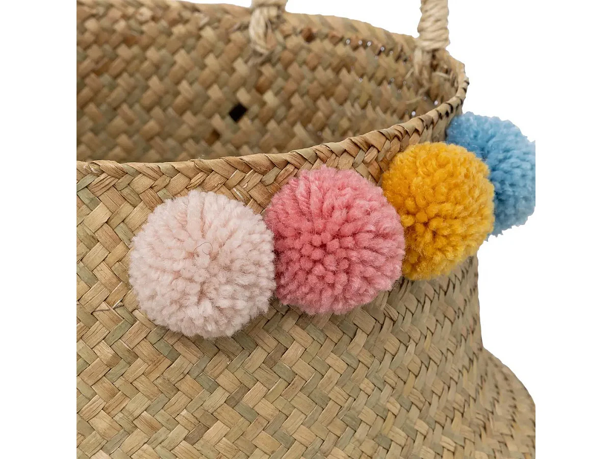 Panier Pliable en Roseau "Pompons" 38cm Naturel