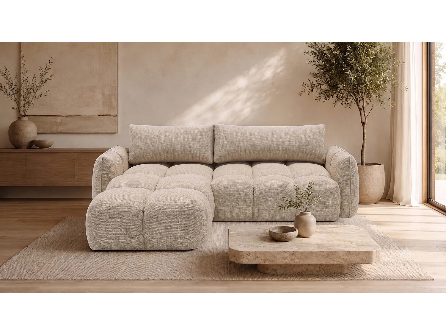 Canapé d’angle en L avec fonction couchage, Nexi, beige clair, gauche, BELVEDER L