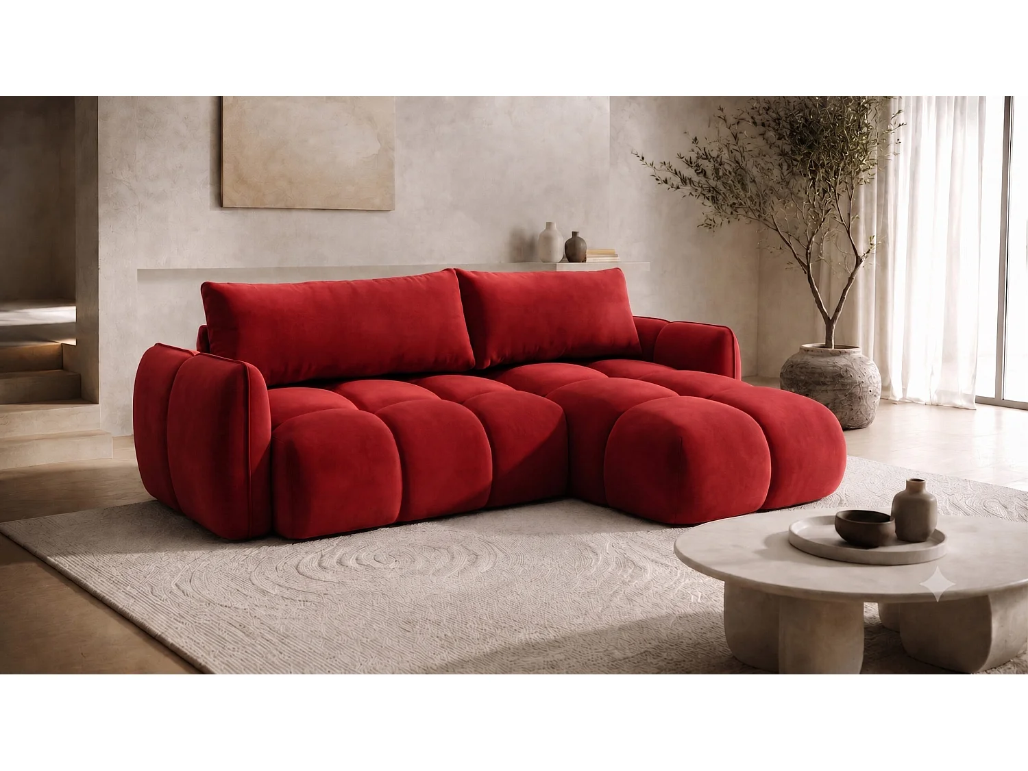 Divano angolare a L con funzione letto, tessuto velluto Bluvel, rosso vino, destra, BELVEDER L