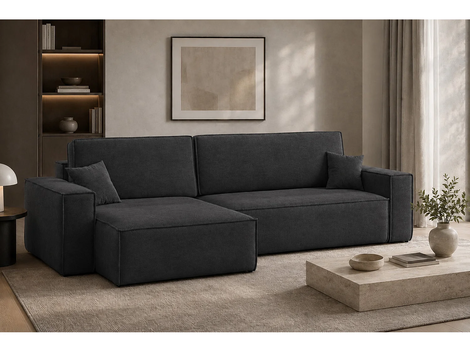 Canapé d’angle en L avec fonction couchage et coffre de rangement, tissu velours Bluvel, noir, gauche, BEST XL