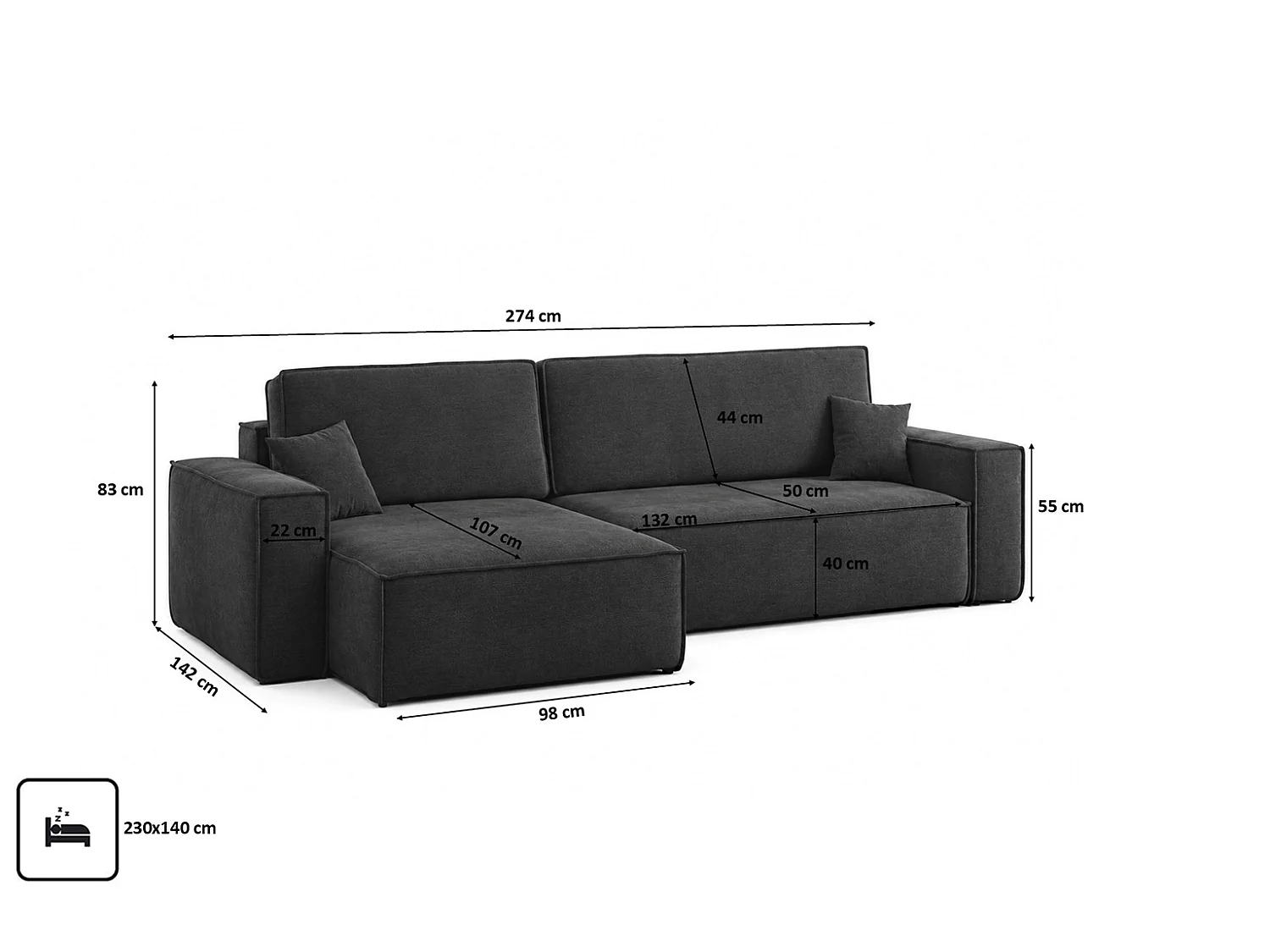 Canapé d’angle en L avec fonction couchage et coffre de rangement, tissu velours Bluvel, noir, gauche, BEST XL