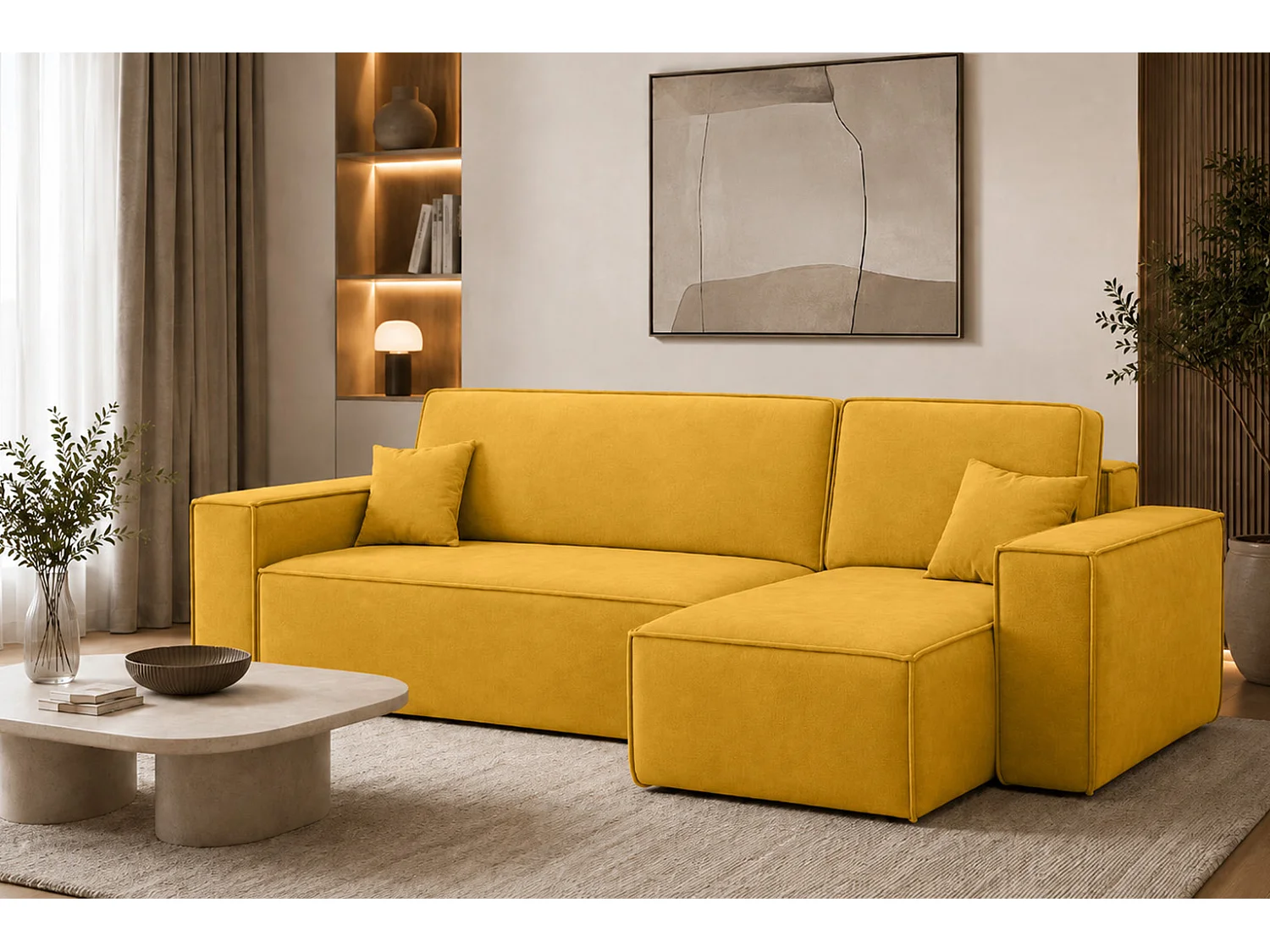 Canapé d’angle en L avec fonction couchage et coffre de rangement, tissu velours Bluvel, doré, droite, BEST L