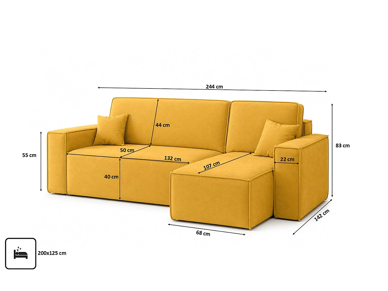 Canapé d’angle en L avec fonction couchage et coffre de rangement, tissu velours Bluvel, doré, droite, BEST L