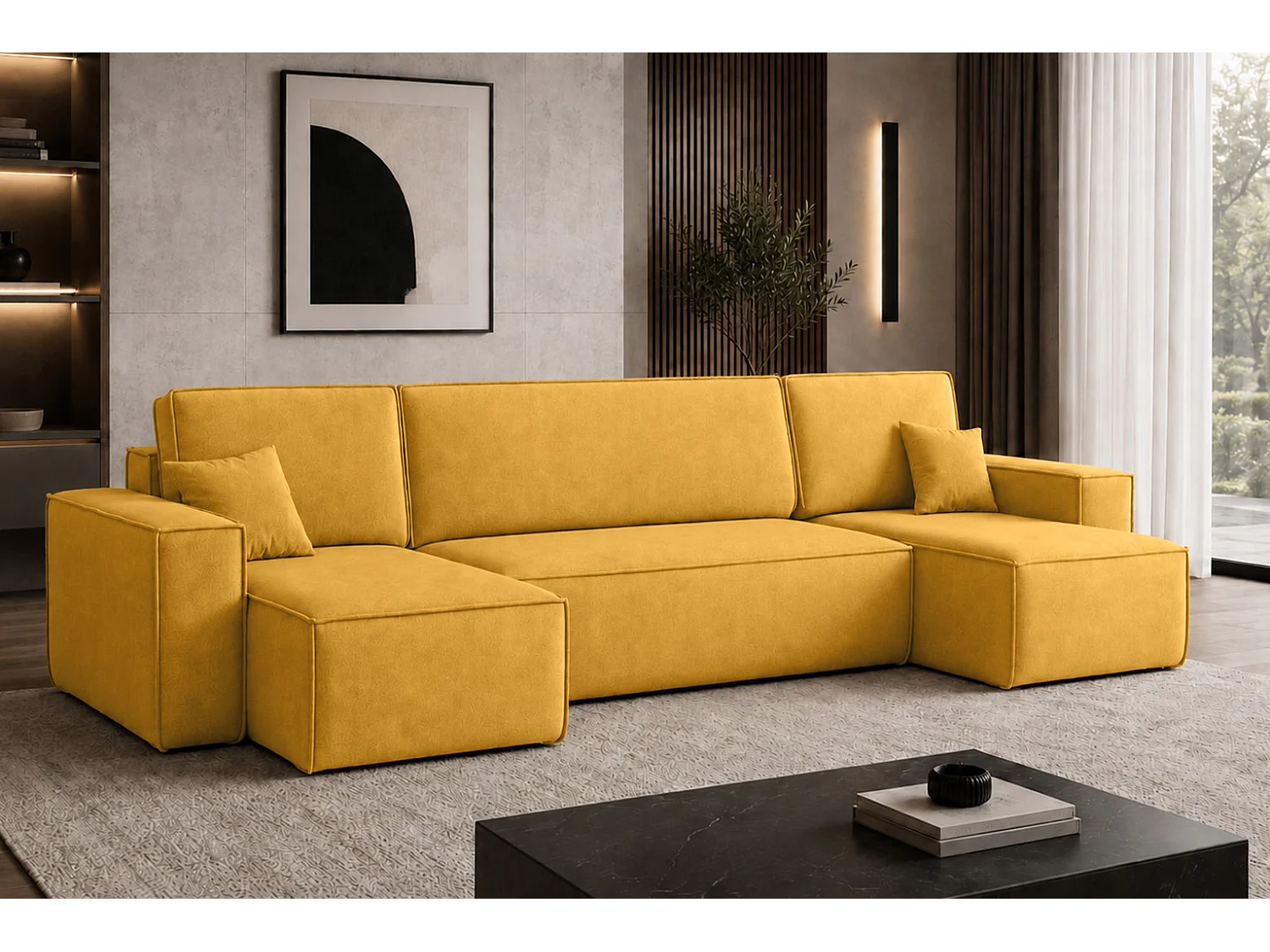 Canapé d’angle en U avec fonction couchage et coffre de rangement, tissu velours Bluvel, doré, BEST U