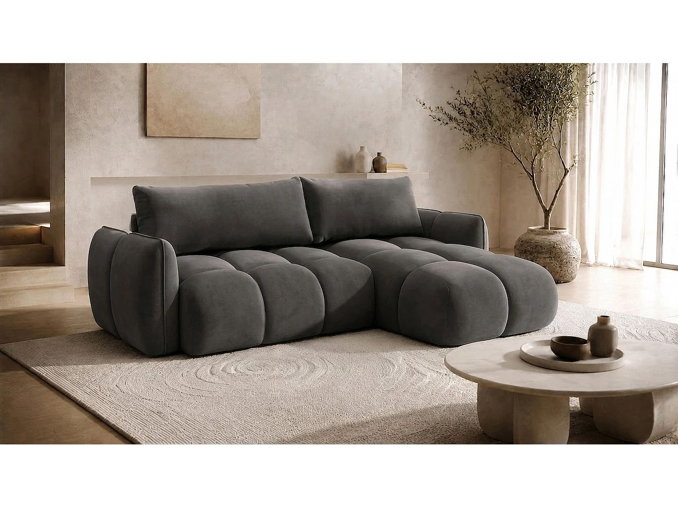 Canapé d’angle en L avec fonction couchage, tissu velours Bluvel, gris cendré, droite, BELVEDER L