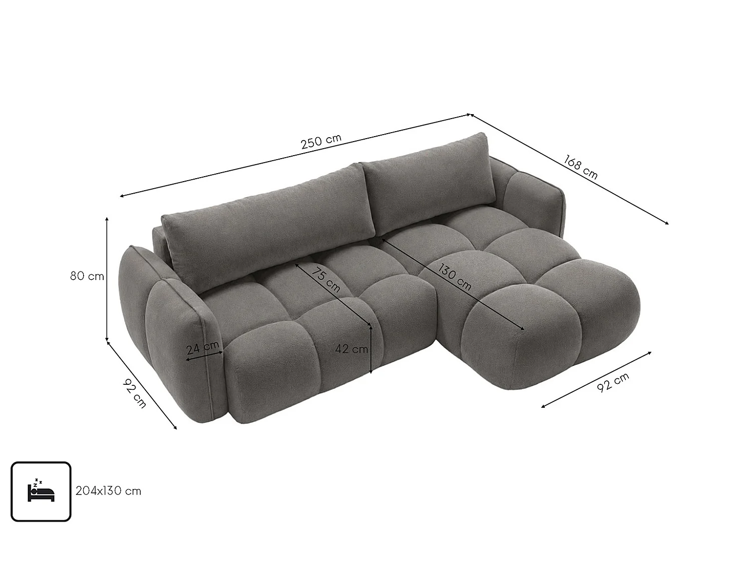 Canapé d’angle en L avec fonction couchage, tissu velours Bluvel, gris cendré, droite, BELVEDER L