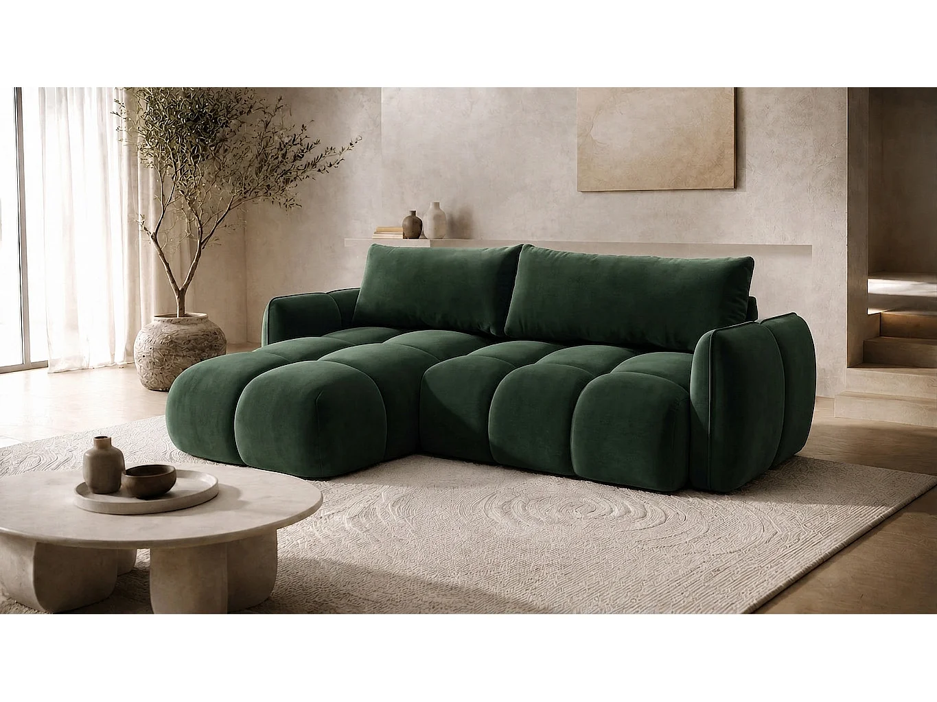 Divano angolare a L con funzione letto, tessuto velluto Bluvel, verde, sinistra, BELVEDER L