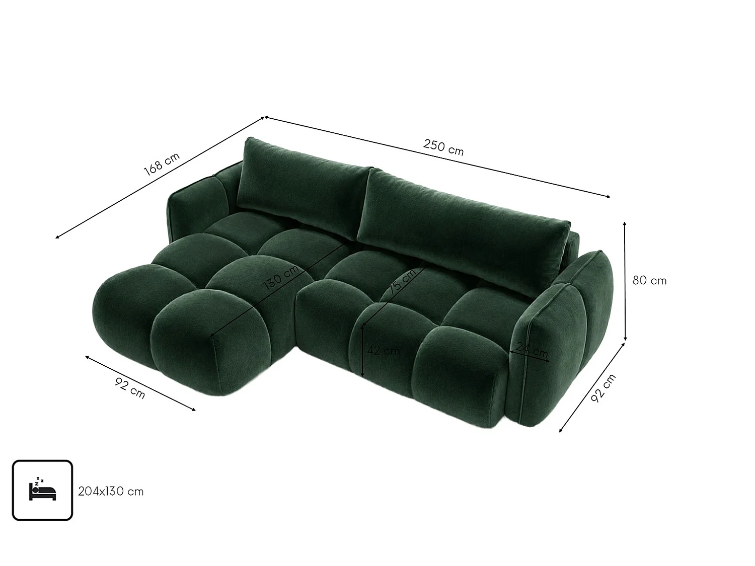 Divano angolare a L con funzione letto, tessuto velluto Bluvel, verde, sinistra, BELVEDER L