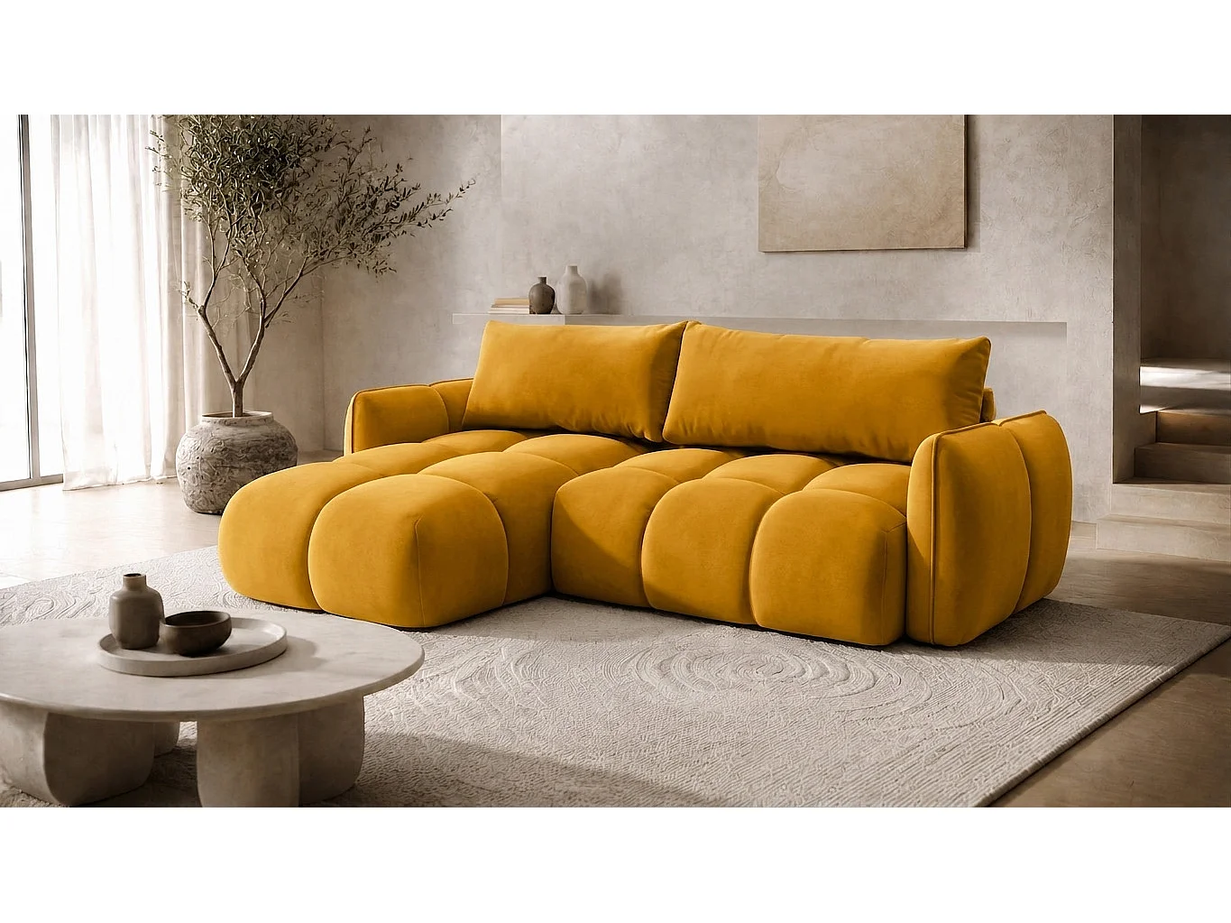 Divano angolare a L con funzione letto, tessuto velluto Bluvel, dorato, sinistra, BELVEDER L