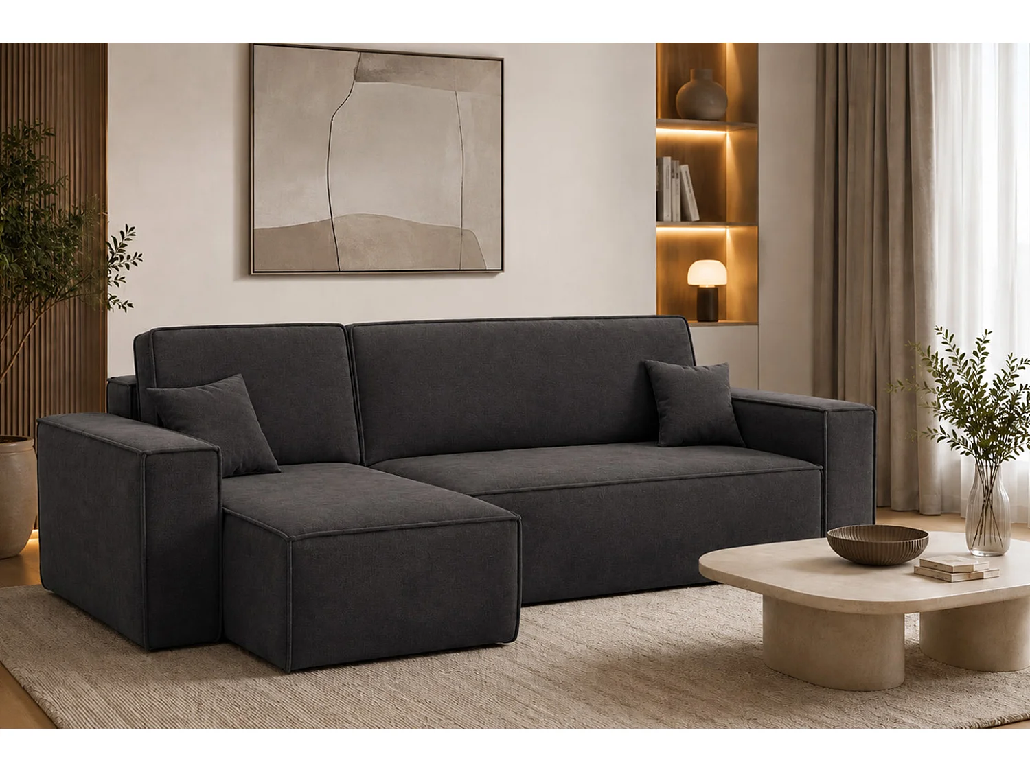 Canapé d’angle en L avec fonction couchage et coffre de rangement, tissu velours Bluvel, noir, gauche, BEST L