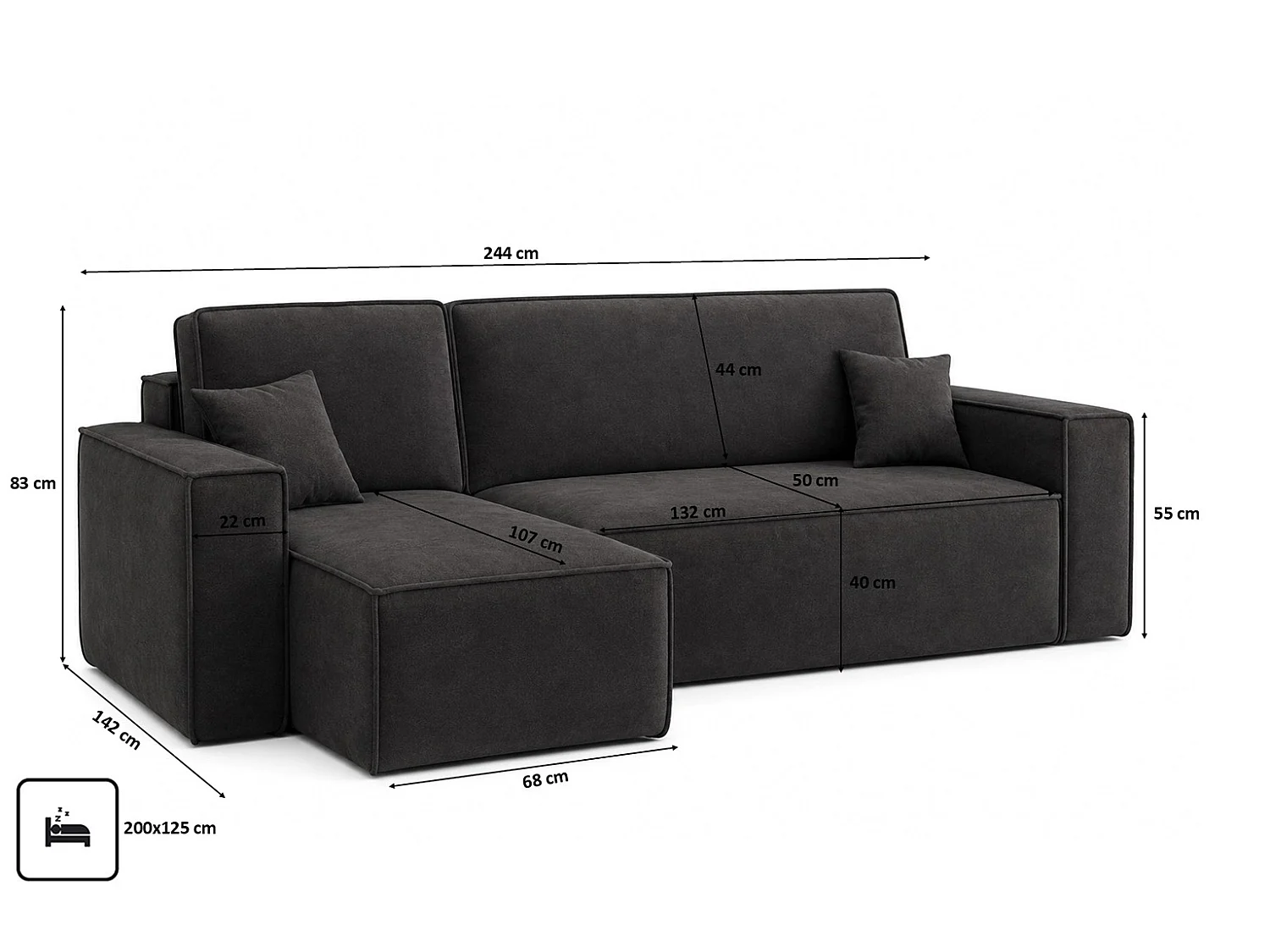 Canapé d’angle en L avec fonction couchage et coffre de rangement, tissu velours Bluvel, noir, gauche, BEST L