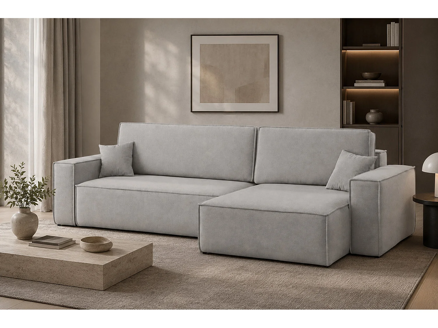 Canapé d’angle en L avec fonction couchage et coffre de rangement, tissu velours Bluvel, gris, droite, BEST XL