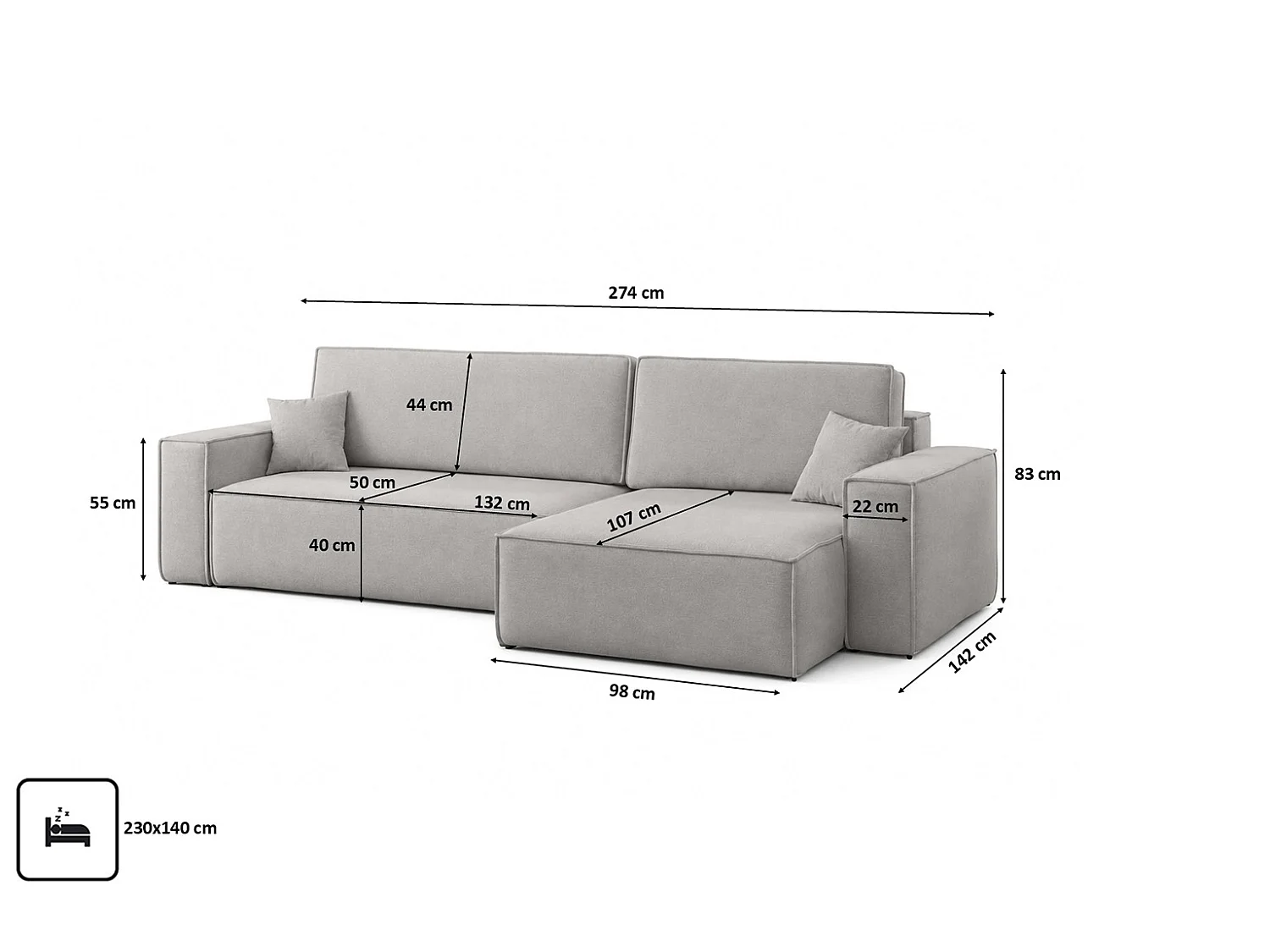 Canapé d’angle en L avec fonction couchage et coffre de rangement, tissu velours Bluvel, gris, droite, BEST XL