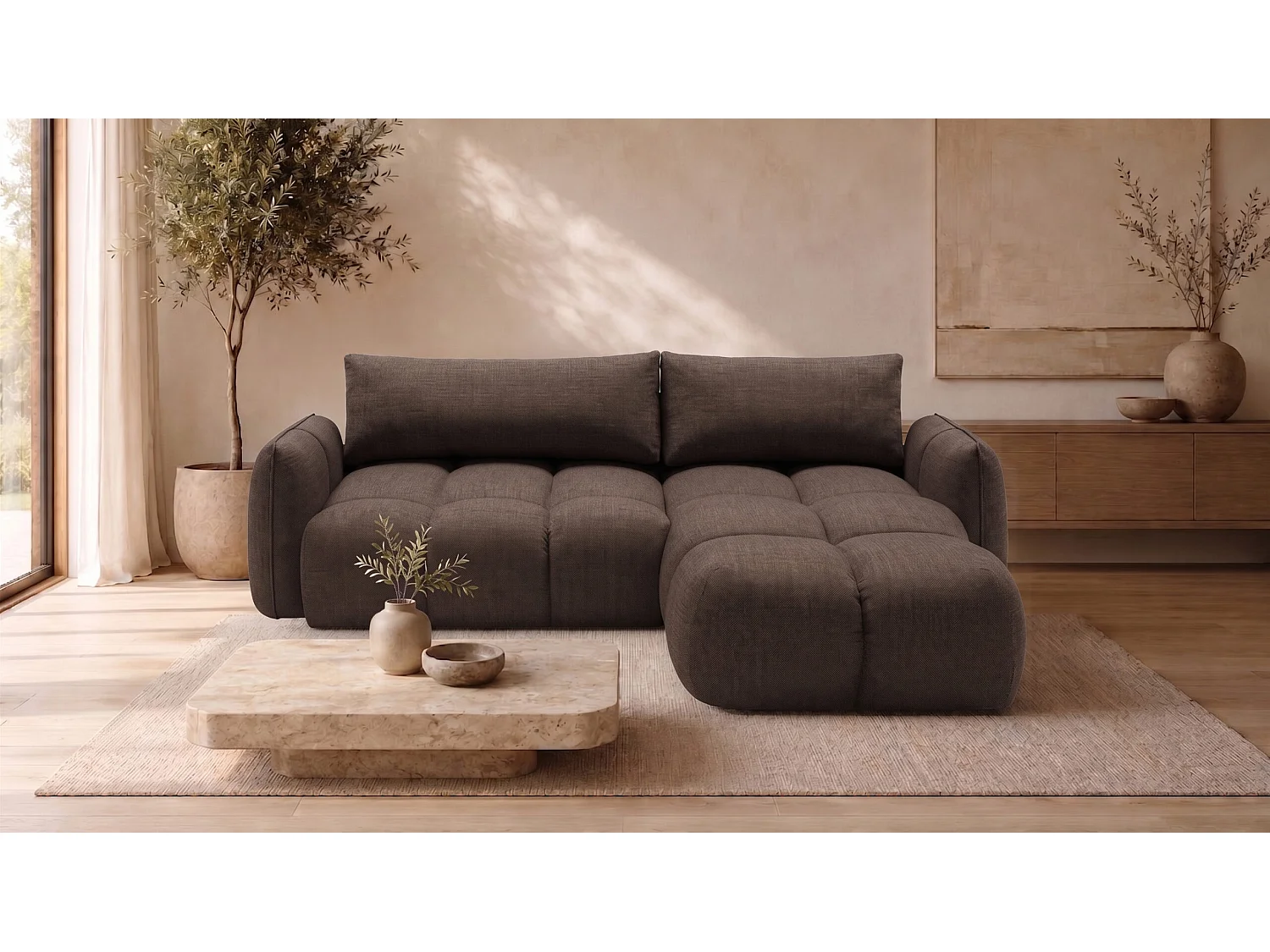Canapé d’angle en L avec fonction couchage, Nexi, marron, droite, BELVEDER L