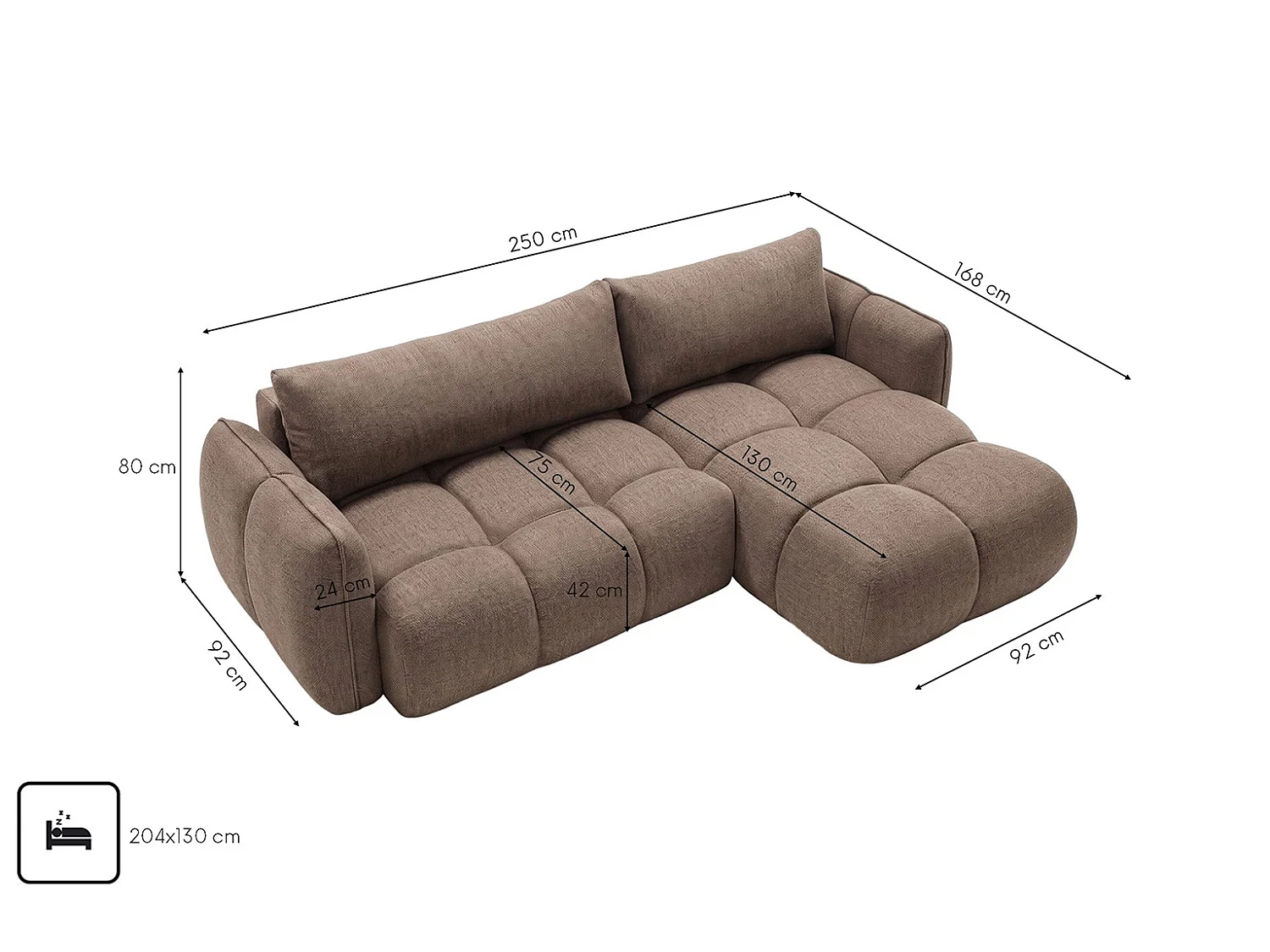 Canapé d’angle en L avec fonction couchage, Nexi, marron, droite, BELVEDER L