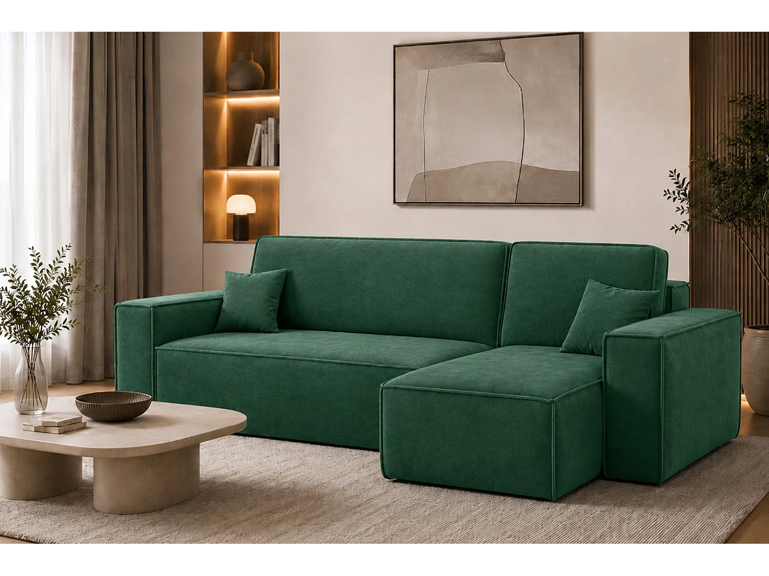 Canapé d’angle en L avec fonction couchage et coffre de rangement, tissu velours Bluvel, vert, droite, BEST L