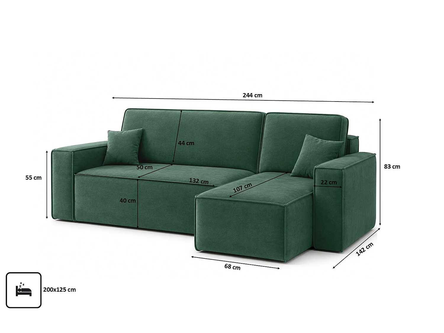 Canapé d’angle en L avec fonction couchage et coffre de rangement, tissu velours Bluvel, vert, droite, BEST L