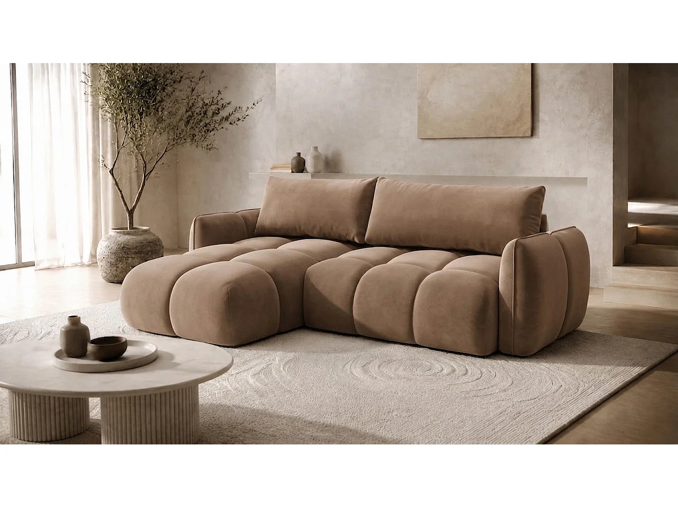 Divano angolare a L con funzione letto, tessuto velluto Bluvel, latte, sinistra, BELVEDER L