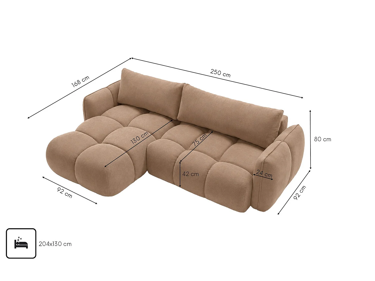 Divano angolare a L con funzione letto, tessuto velluto Bluvel, latte, sinistra, BELVEDER L