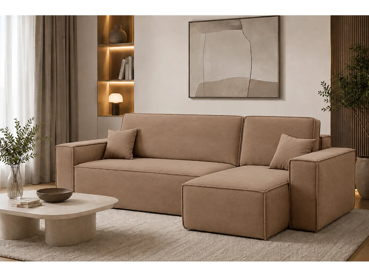 Canapé d’angle en L avec fonction couchage et coffre de rangement, tissu velours Bluvel, latte, droite, BEST L