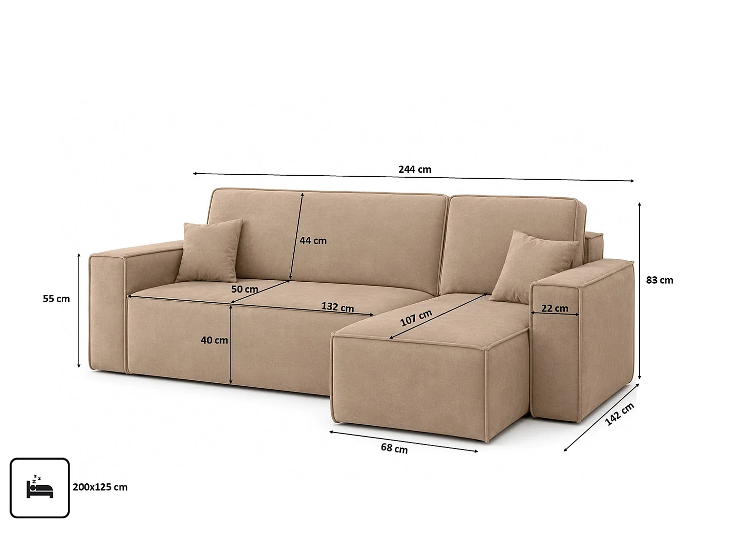 Canapé d’angle en L avec fonction couchage et coffre de rangement, tissu velours Bluvel, latte, droite, BEST L
