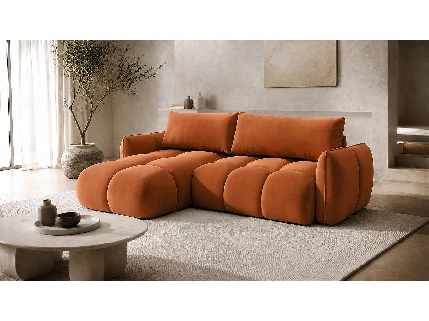 Divano angolare a L con funzione letto, tessuto velluto Bluvel, color cannella, sinistra, BELVEDER L