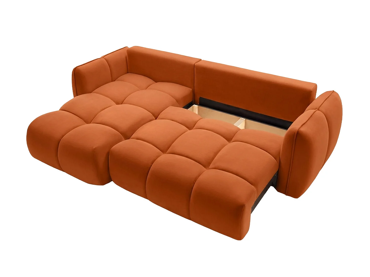 Divano angolare a L con funzione letto, tessuto velluto Bluvel, color cannella, sinistra, BELVEDER L