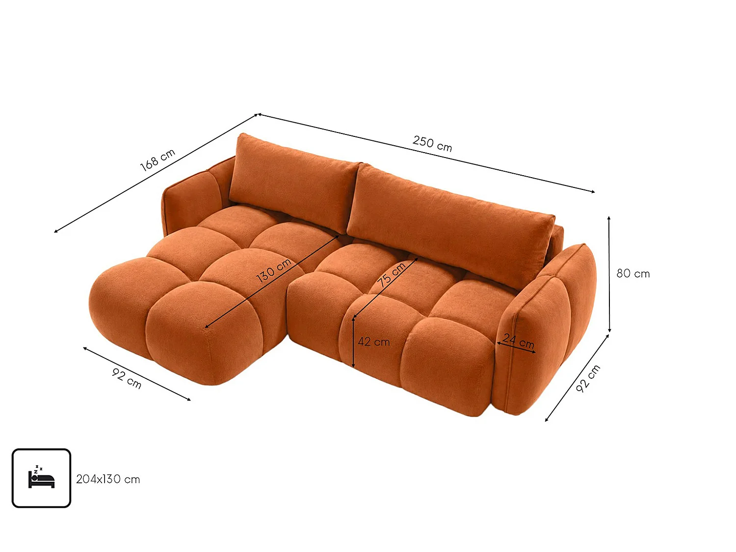 Divano angolare a L con funzione letto, tessuto velluto Bluvel, color cannella, sinistra, BELVEDER L