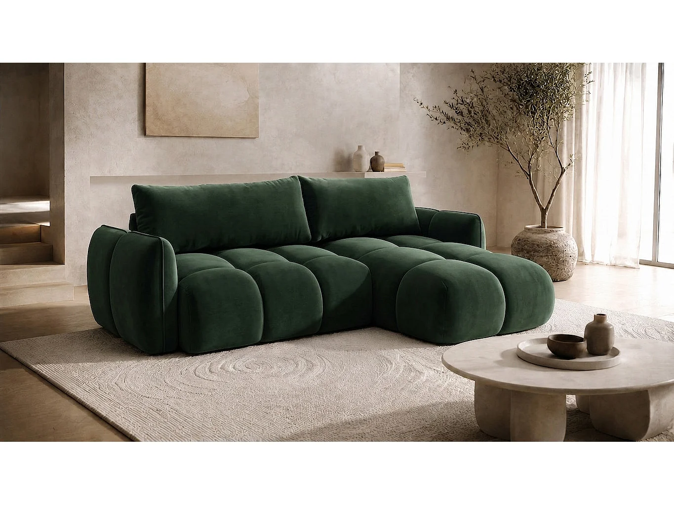 Divano angolare a L con funzione letto, tessuto velluto Bluvel, verde, destra, BELVEDER L
